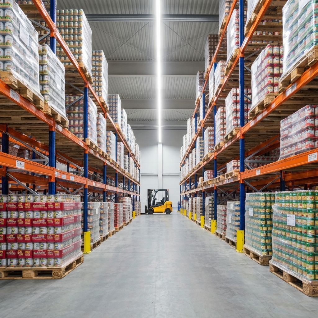 L Logistics warehouse with organized canned food pallets